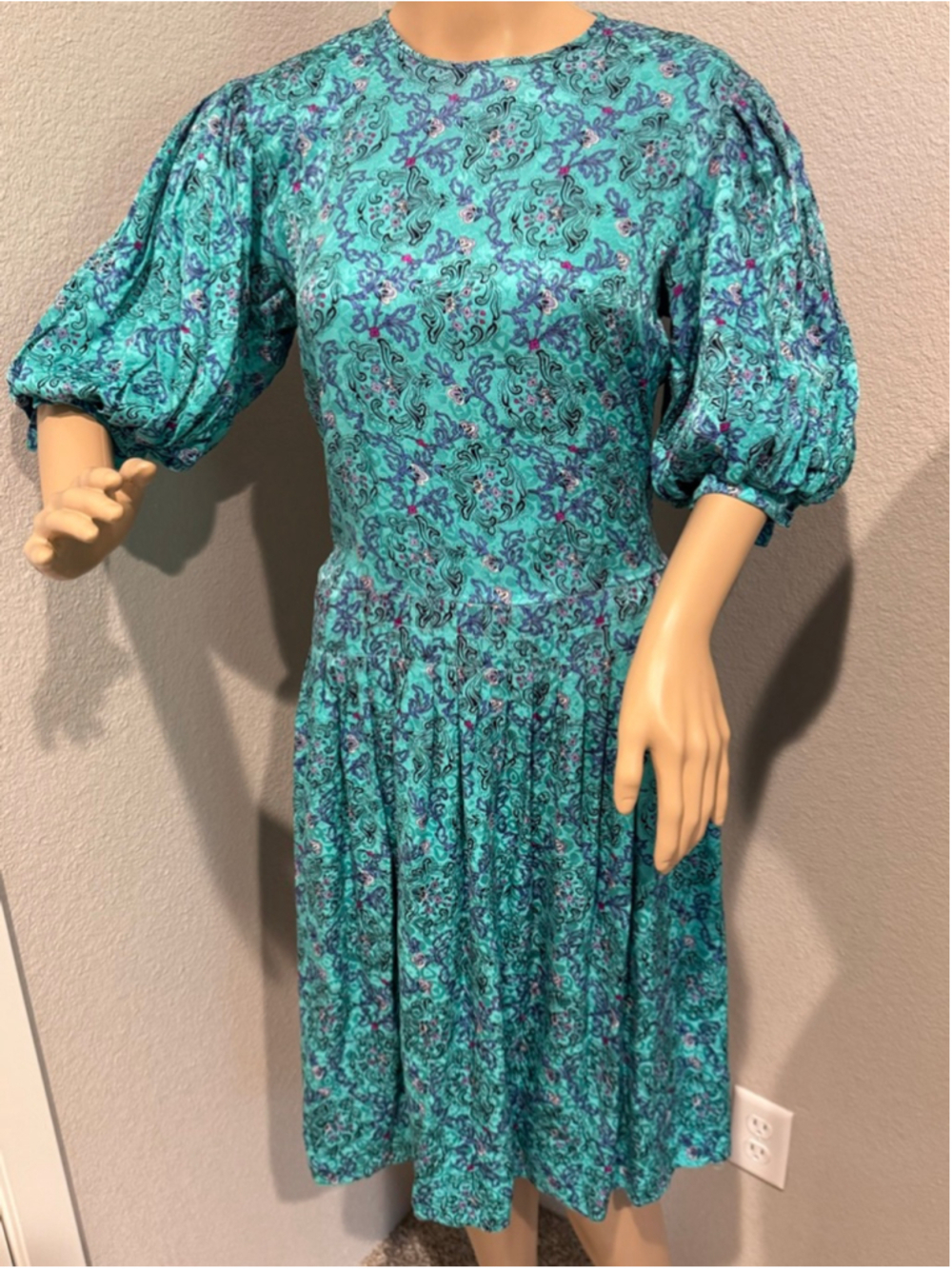 Vintage 80’s Women's Maggy London Teal Floral Silk Drop Waist Midi Dress Size 6